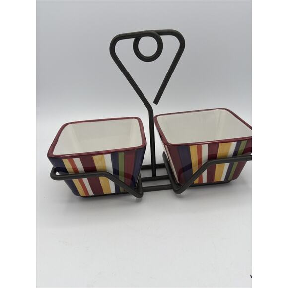 Pampered Chef Simple Additions Striped Square Condiment Bowls & Metal Caddy 1944 - Picture 4 of 7